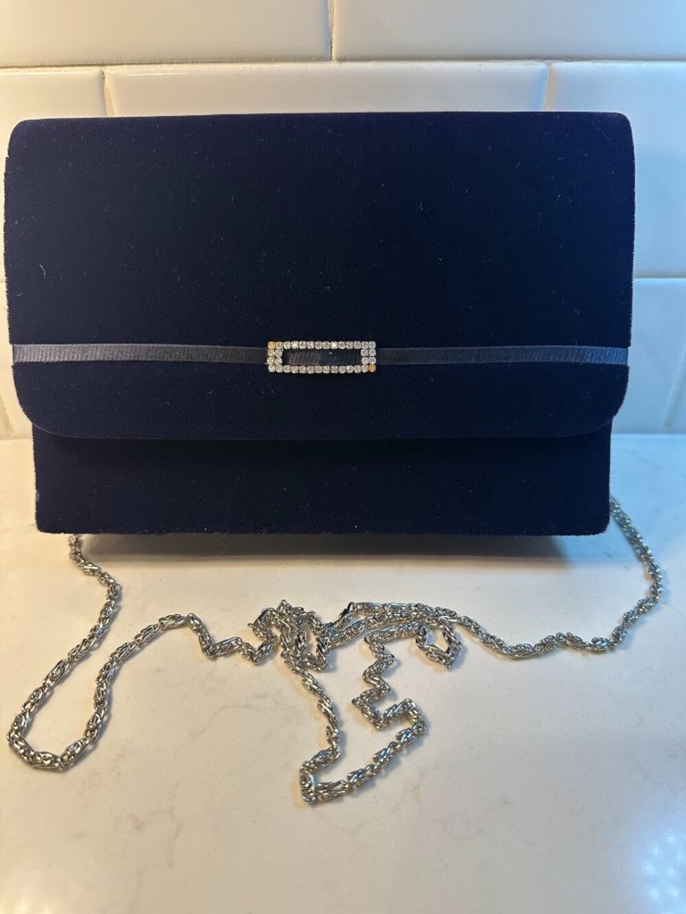 Vintage Bloomingdale's Navy Velvet Evening Convertible Clutch with Rhinestone